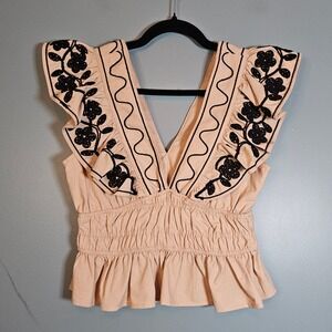 Strut & Bolt Tan Linen Blend Floral Embroidered Ruffle Peplum Top Size Medium
